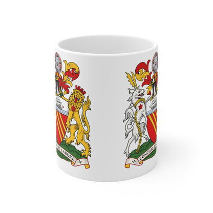 Manchester Coat of Arms Ceramic Coffee Mug — 11oz & 15oz Crest Mug ("Concilio et Labore")