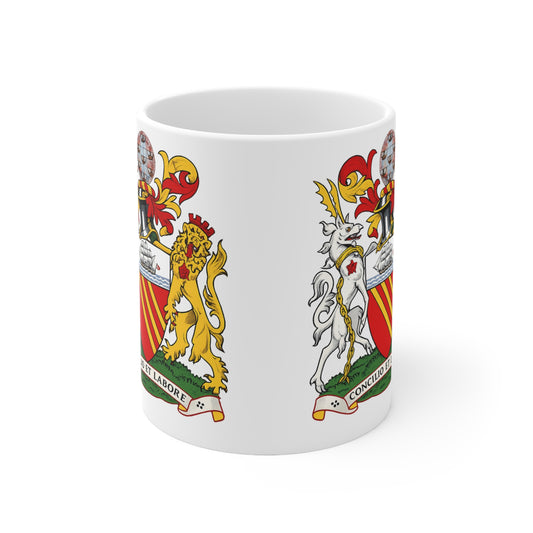 Manchester Coat of Arms Ceramic Coffee Mug — 11oz & 15oz Crest Mug ("Concilio et Labore")