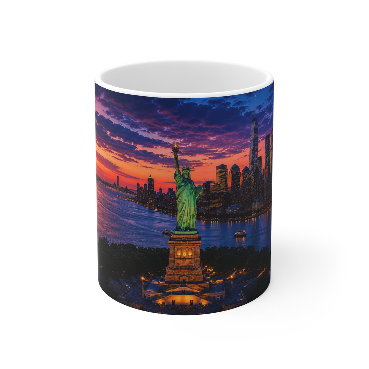 New York Sunset Ceramic Mug — Statue of Liberty Skyline 11oz & 15oz
