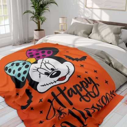 Halloween Minnie Mouse Fleece Blanket – "Happy Halloween" Orange Cozy Throw