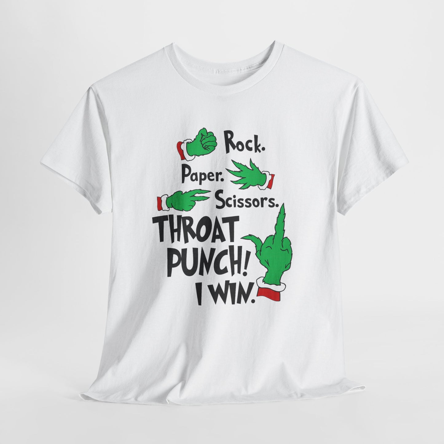 Funny Holiday Tee — "Rock. Paper. Scissors. Throat Punch! I Win" Graphic T-Shirt