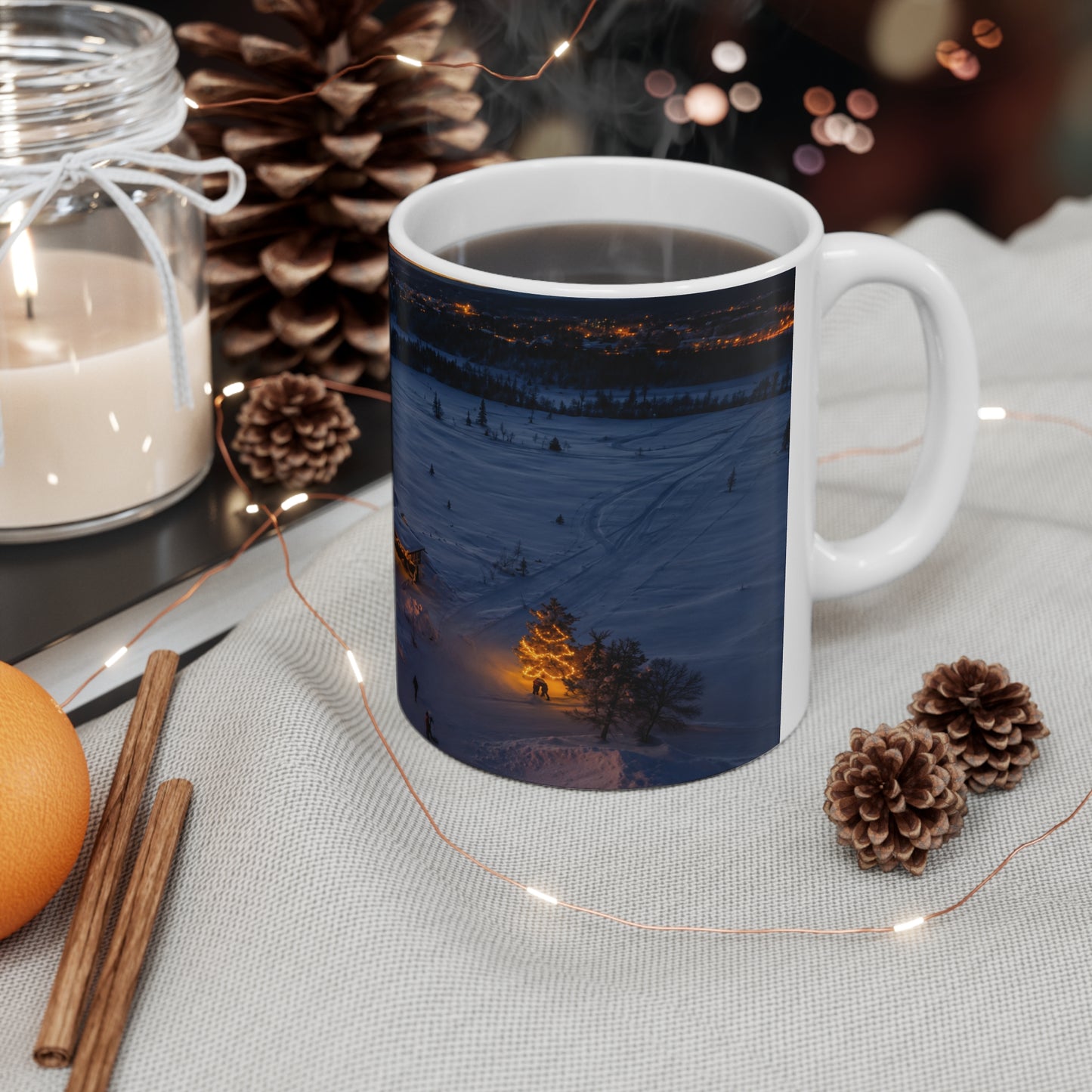 Winter Cabin Night Ceramic Mug – Cozy Snowy Village 11oz & 15oz