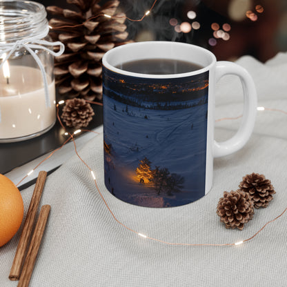 Winter Cabin Night Ceramic Mug – Cozy Snowy Village 11oz & 15oz