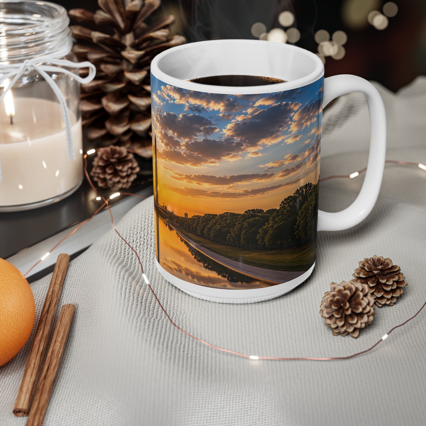 American Flag Washington Monument Sunrise Mug – Patriotic Ceramic Coffee Cup (11oz, 15oz)