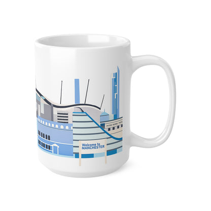 Manchester City Skyline Ceramic Coffee Mug — Blue Landmark Panorama, 11oz & 15oz