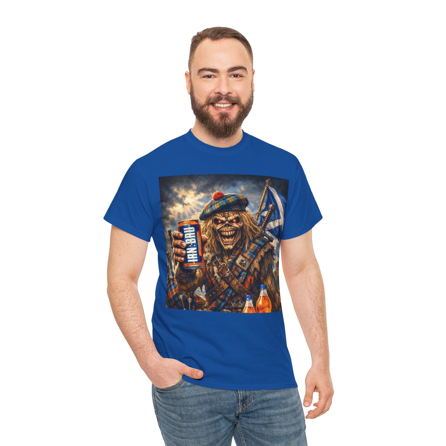 Scottish Rock Skull T‑Shirt — Eddie the Piper with Flag & Can Graphic Tee