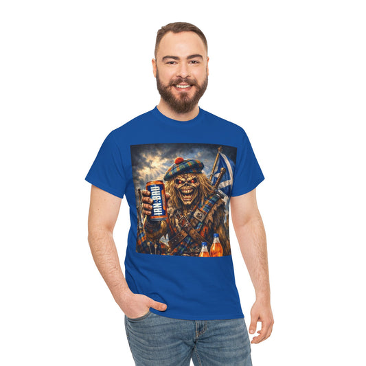 Scottish Rock Skull T‑Shirt — Eddie the Piper with Flag & Can Graphic Tee