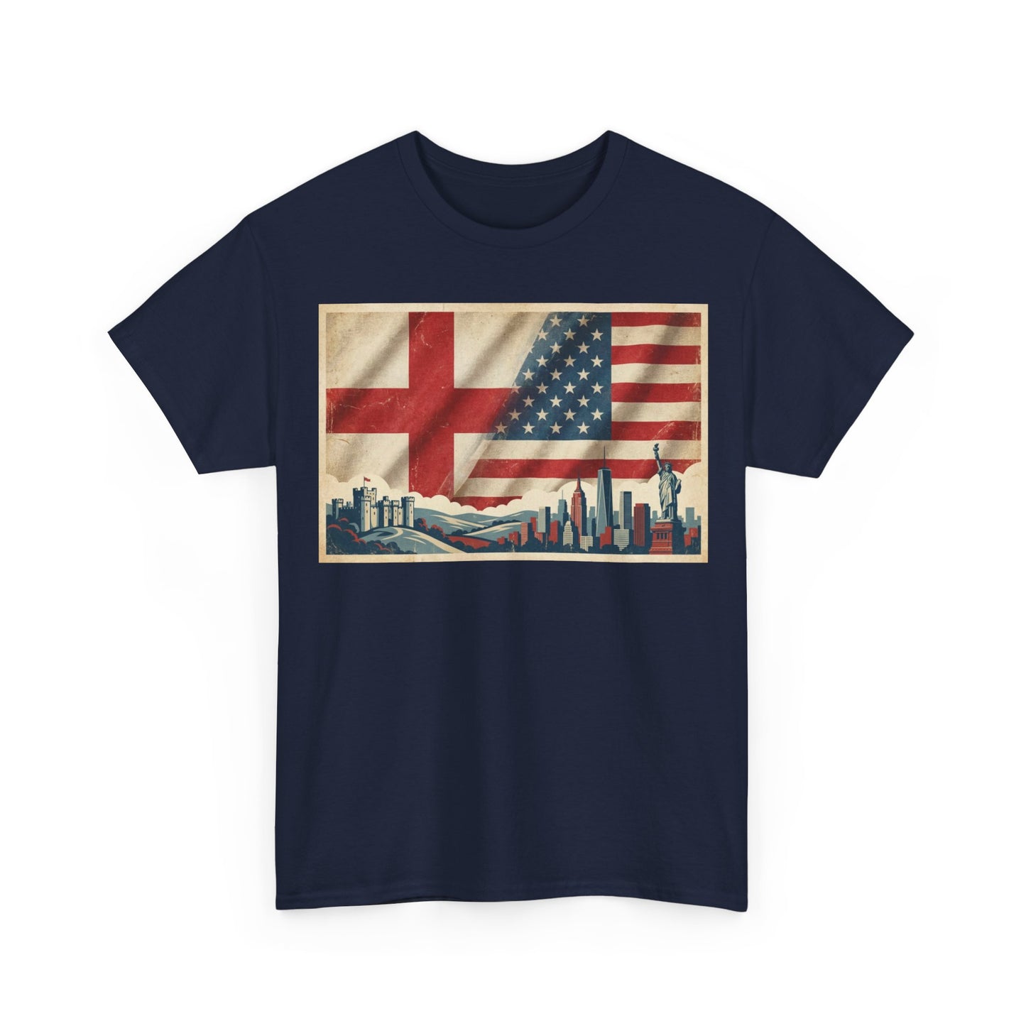 England + USA Flag Skyline T-Shirt — Vintage London & New York City Pride Tee