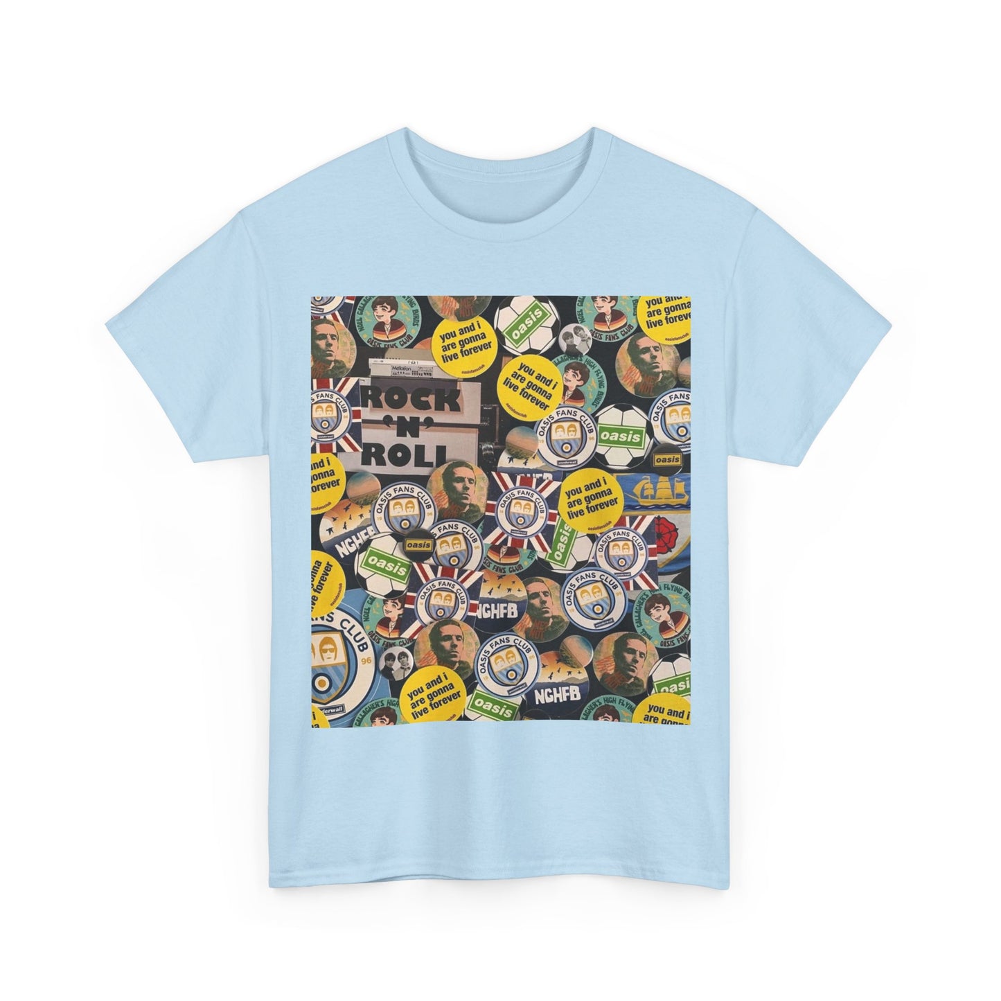 Oasis Rock & Roll Retro Button Collage Tee