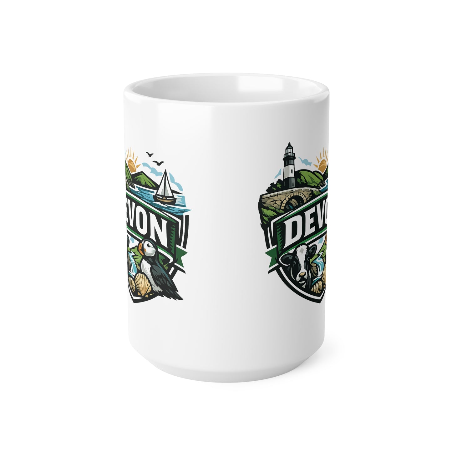 Devon Scenic Mug — Coastal Lighthouse, Puffin & Cow Ceramic Coffee Cup (11oz & 15oz)