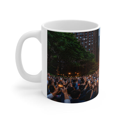New York City Manhattanhenge Sunset Photo Mug — NYC Skyline Crowd Ceramic Coffee Cup (11oz/15oz)