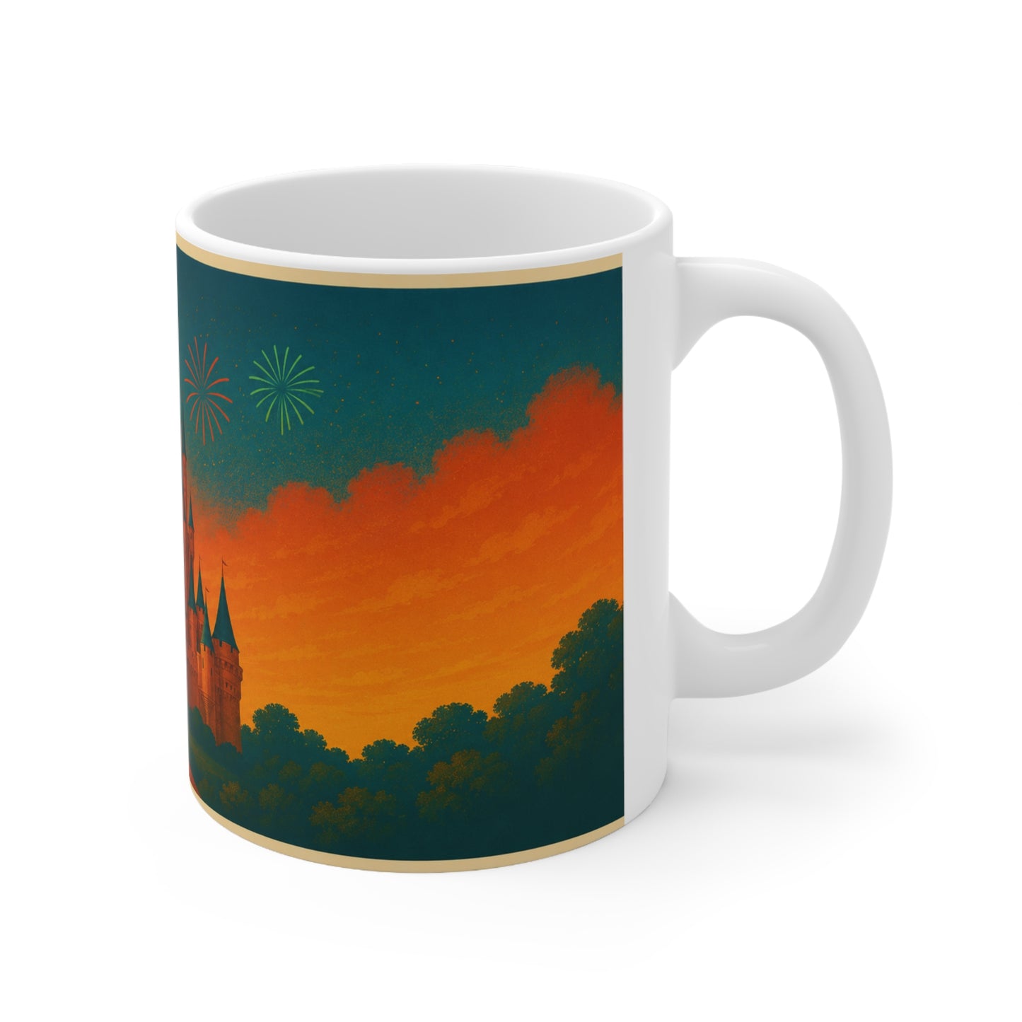 Castle Sunset Coffee Mug — Fairytale Castle with Fireworks Ceramic Mug (11oz & 15oz)