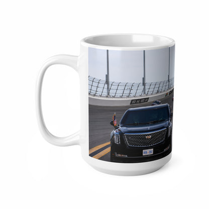 Daytona Raceway Photo Mug — Presidential Motorcade & NASCAR Racing Ceramic Coffee Cup (11oz, 15oz)
