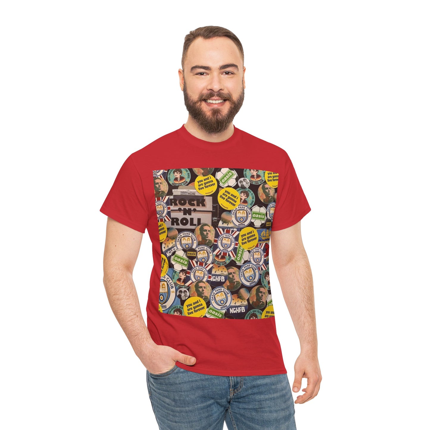 Oasis Rock & Roll Retro Button Collage Tee
