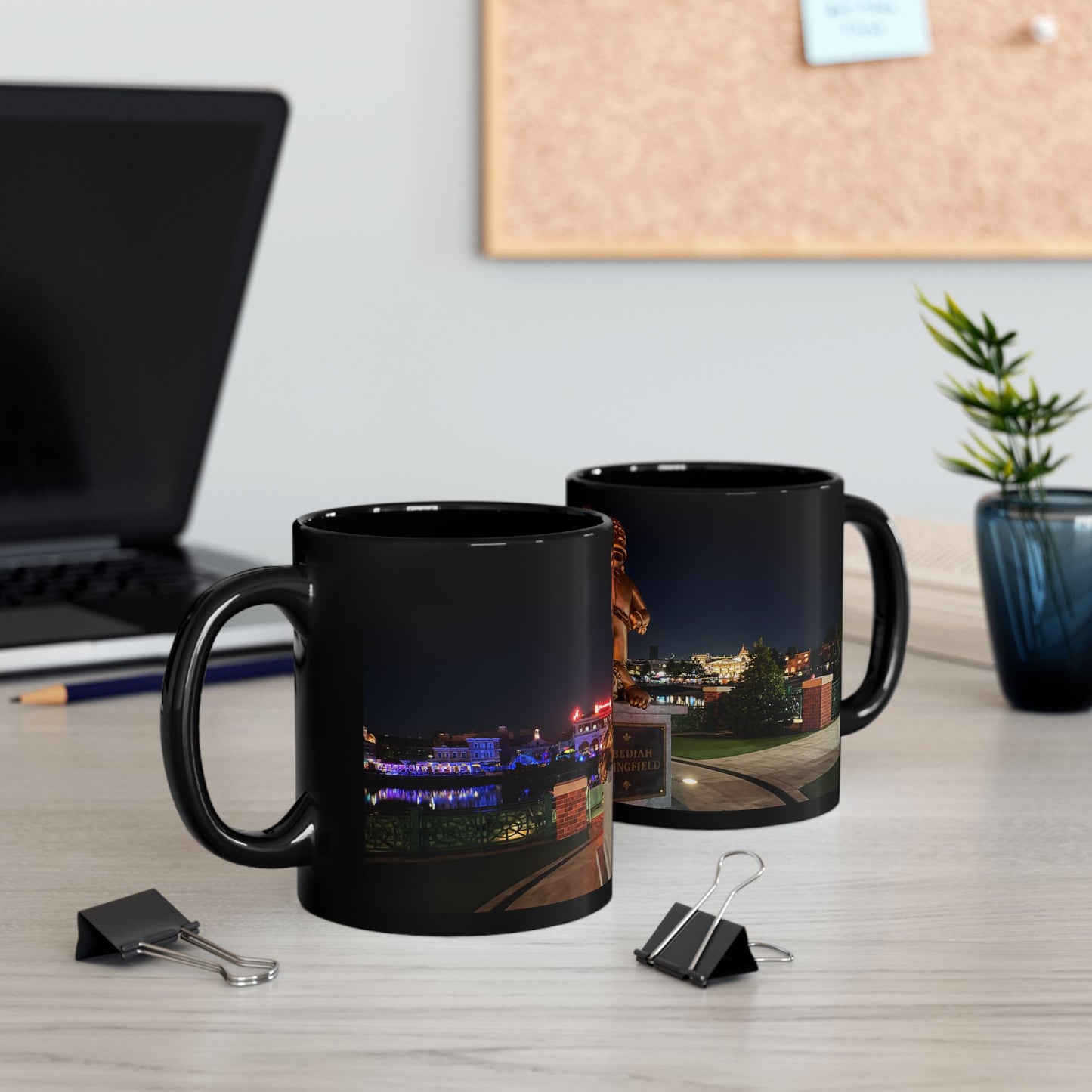 The Simpsons Photo Mug — University Statue & Campus Lights (Black 11oz/15oz)