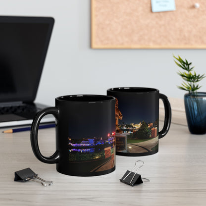 The Simpsons Photo Mug — University Statue & Campus Lights (Black 11oz/15oz)