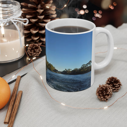 American Flag Waterfront Photo Ceramic Mug — Patriotic 11oz & 15oz Coffee Cup