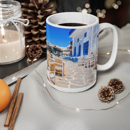 Mediterranean Seaside Photo Mug — Scenic Beach Cafe Ceramic Coffee Cup (11oz, 15oz)