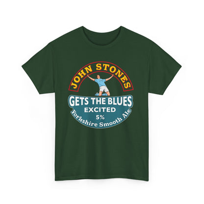 John Stones T-Shirt — "Gets The Blues Excited" Retro Ale Parody Tee