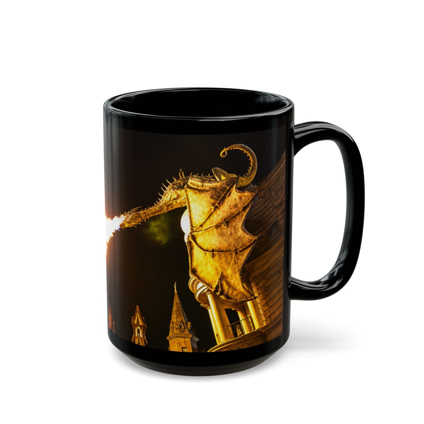 Golden Dragon Fire-Breathing Black Mug — Fantasy Castle Coffee Cup