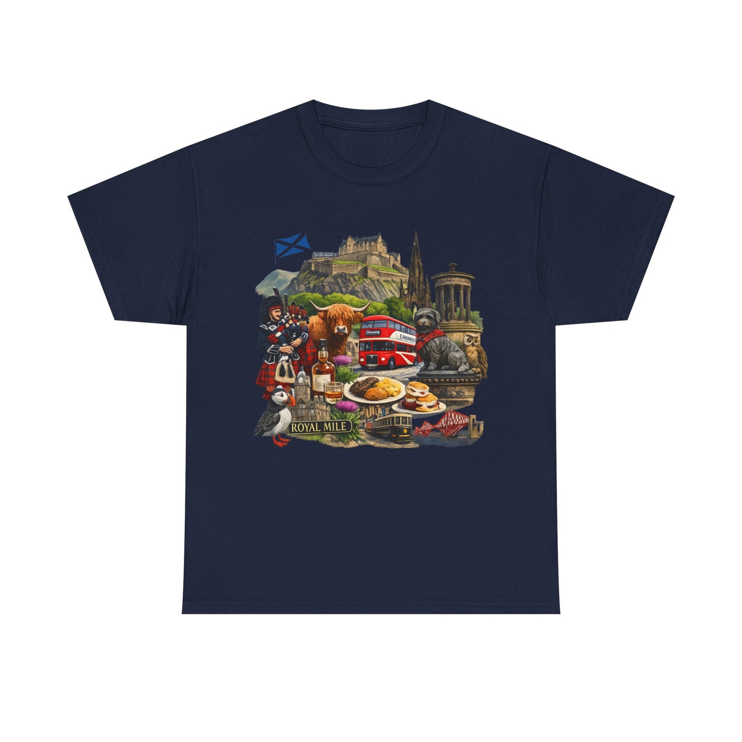 Scotland / Edinburgh Travel Collage T-Shirt — Edinburgh Castle, Bagpipes & Local Icons