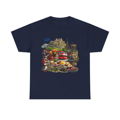 Scotland / Edinburgh Travel Collage T-Shirt — Edinburgh Castle, Bagpipes & Local Icons