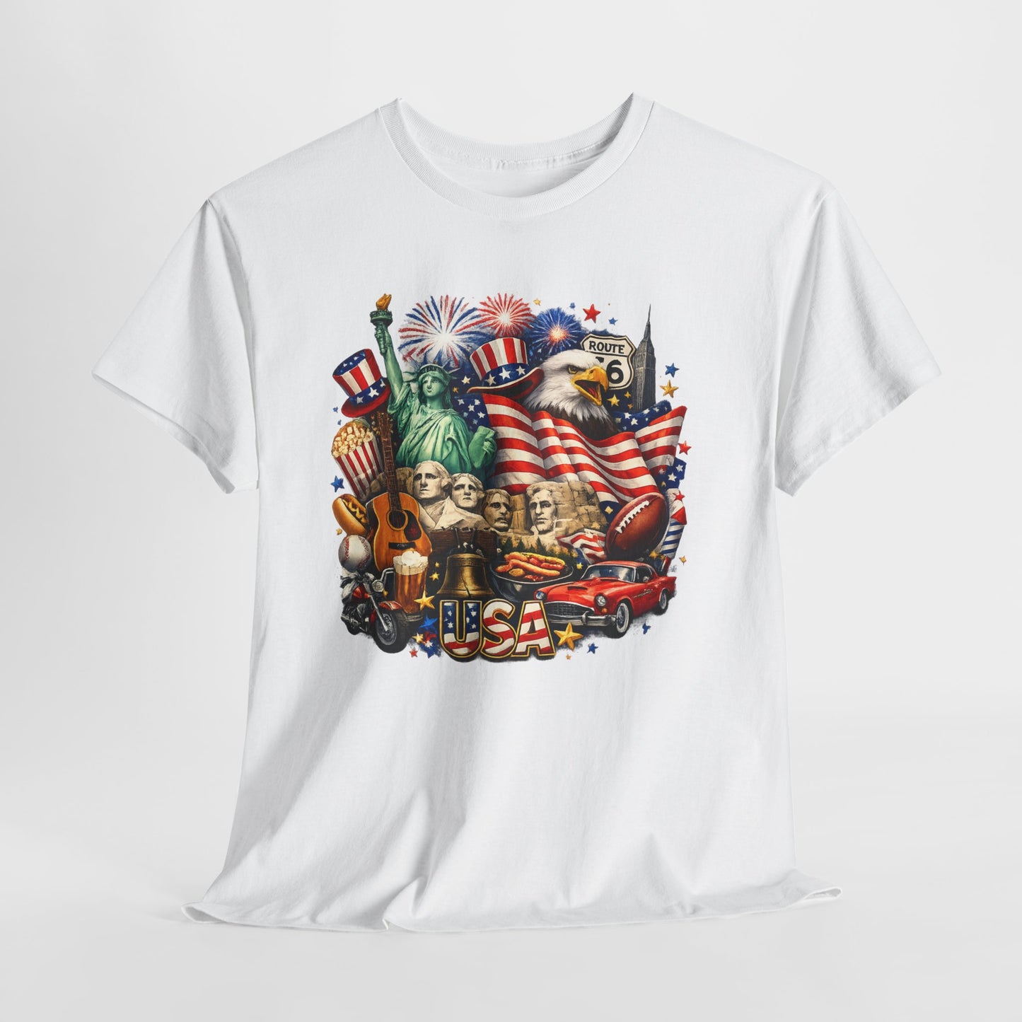 Patriotic USA Graphic Tee – American Flag, Statue of Liberty & Fireworks T-Shirt
