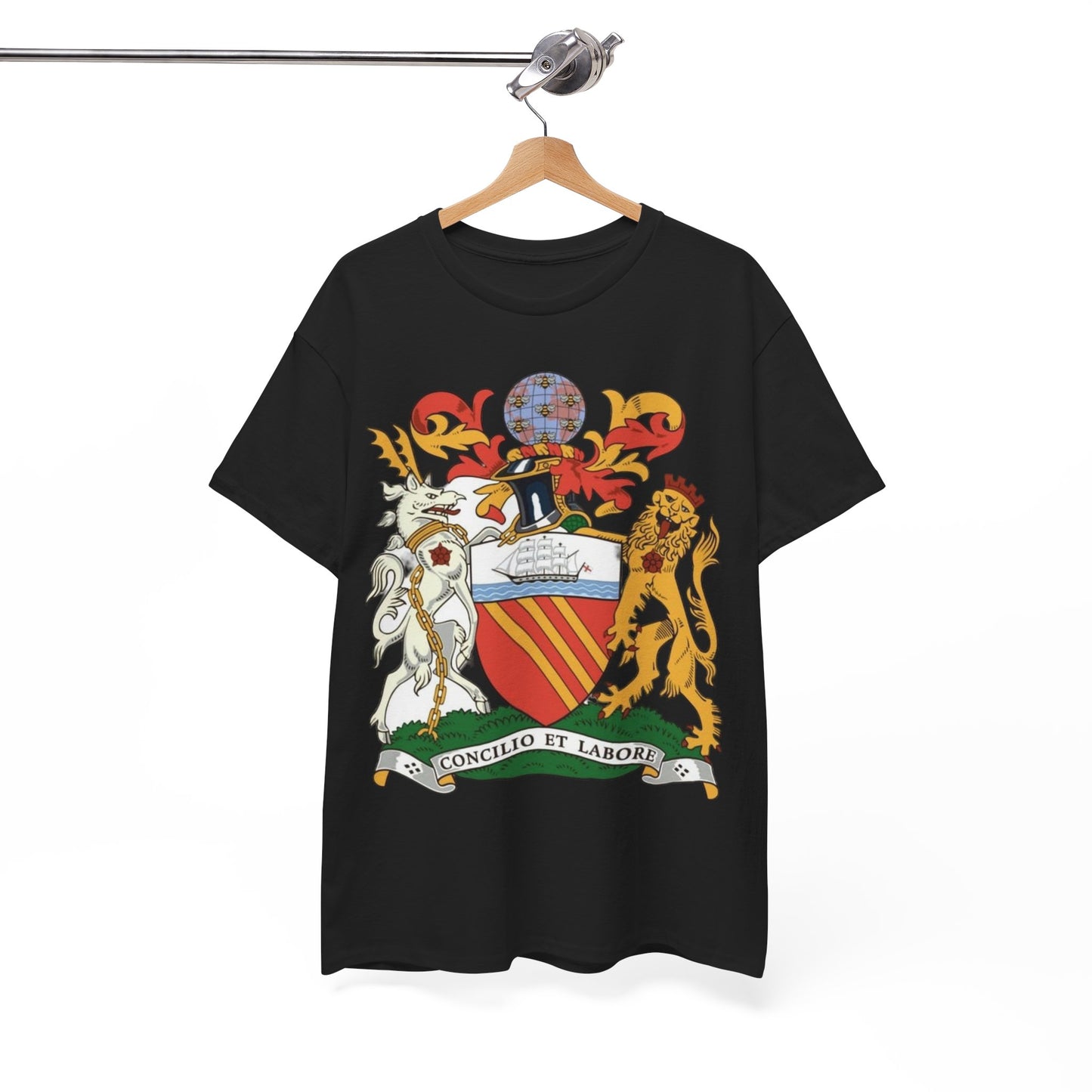 Manchester Coat of Arms Crest T‑Shirt — Heraldic Family Shield Tee with 'Concilio et Labore' Banner