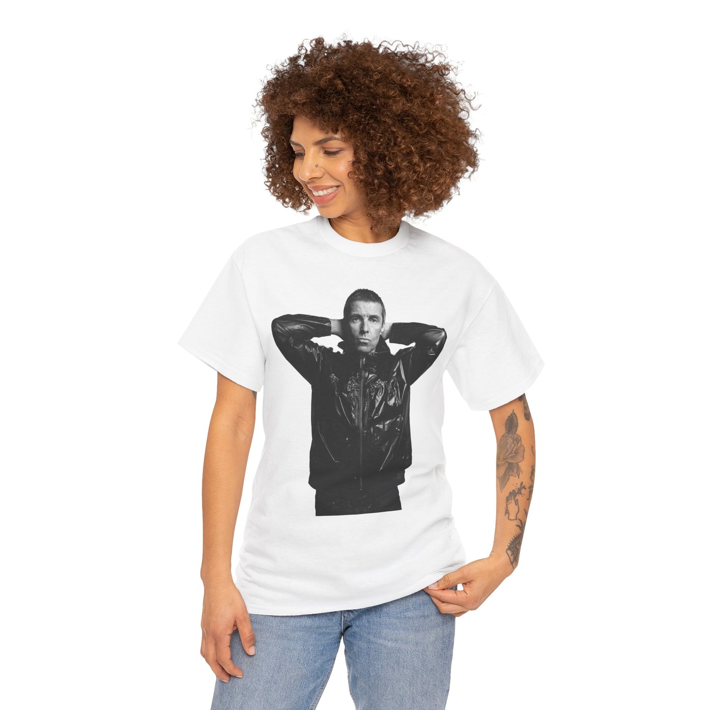 Noel Gallagher Portrait Graphic Tee — Monochrome Leather Jacket Photo Print
