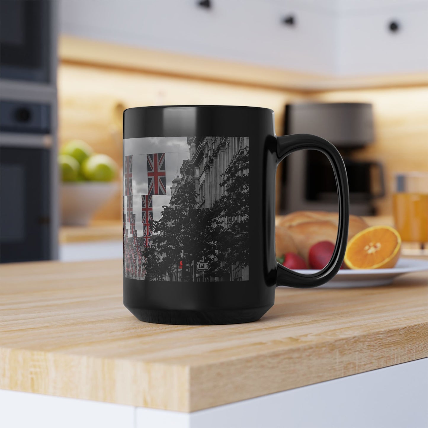 London Street Union Jack Street Scene Black Mug (11oz, 15oz) — London Flags Coffee Cup