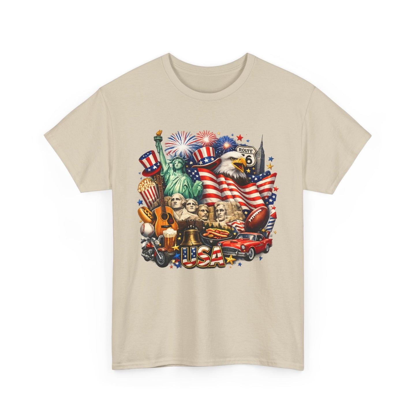 Patriotic USA Graphic Tee – American Flag, Statue of Liberty & Fireworks T-Shirt