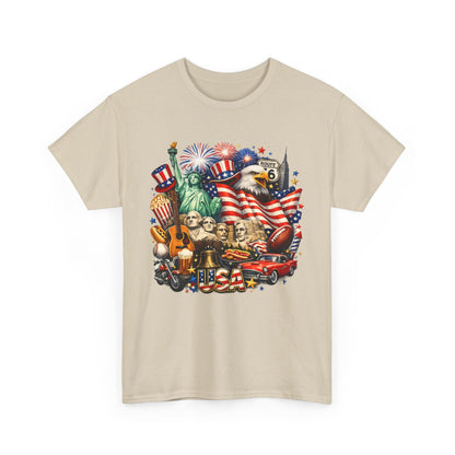 Patriotic USA Graphic Tee – American Flag, Statue of Liberty & Fireworks T-Shirt