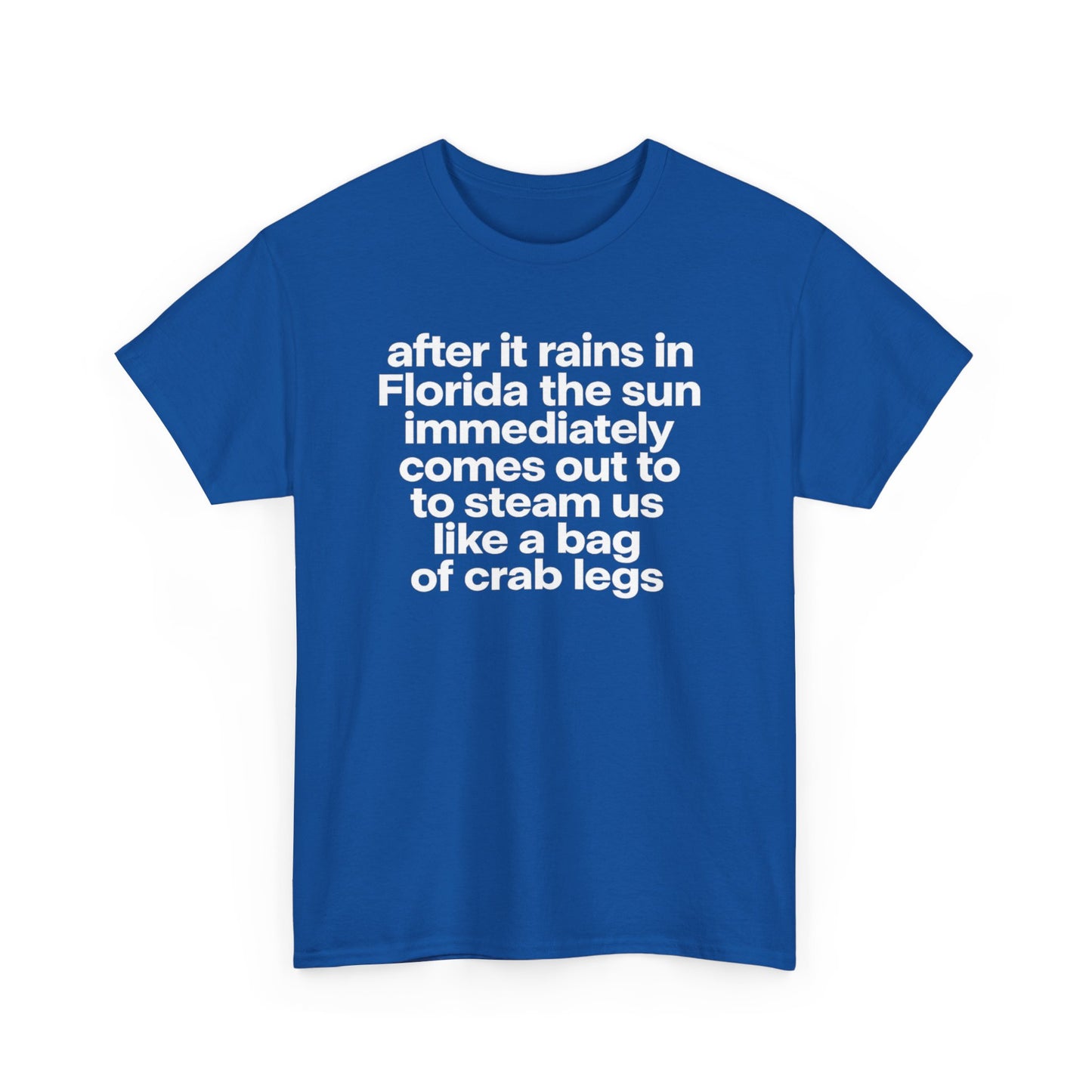 T-Shirt — "after it rains in Florida the sun immediately comes out to steam us like a bag of crab legs" Funny Florida Weather Tee