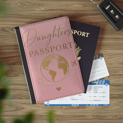 Daughters Passport Cover – Pink Travel Passport Holder with Gold Globe & Heart Design