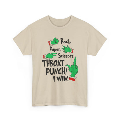 Funny Holiday Tee — "Rock. Paper. Scissors. Throat Punch! I Win" Graphic T-Shirt