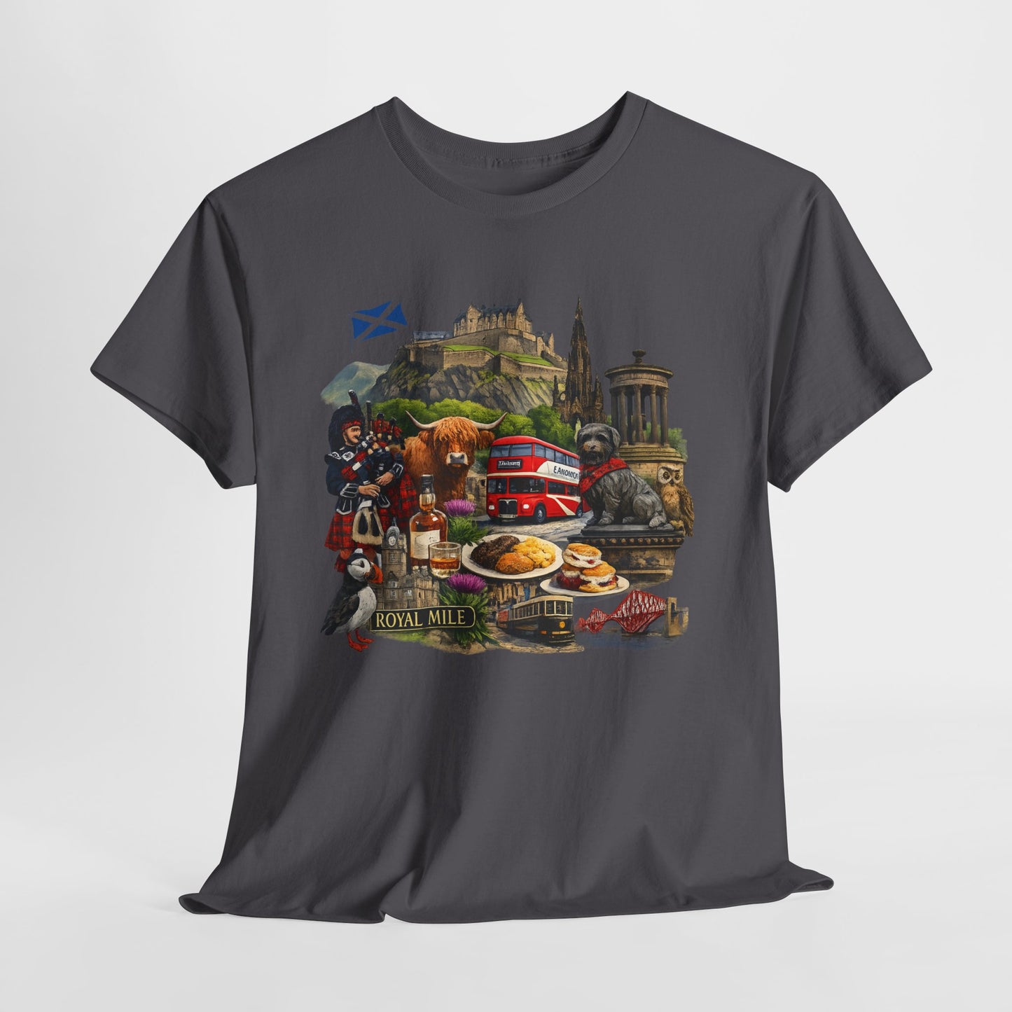 Scotland / Edinburgh Travel Collage T-Shirt — Edinburgh Castle, Bagpipes & Local Icons