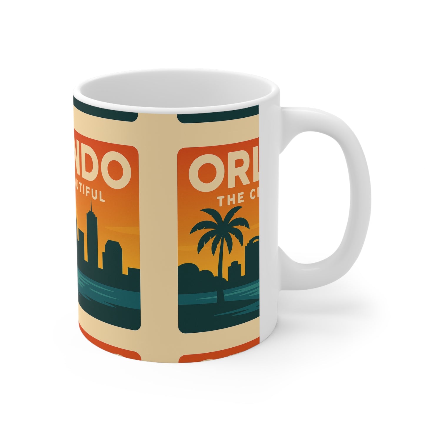 Orlando 'The City Beautiful' Orange Skyline Coffee Mug — Retro Travel Ceramic Cup (11oz & 15oz)