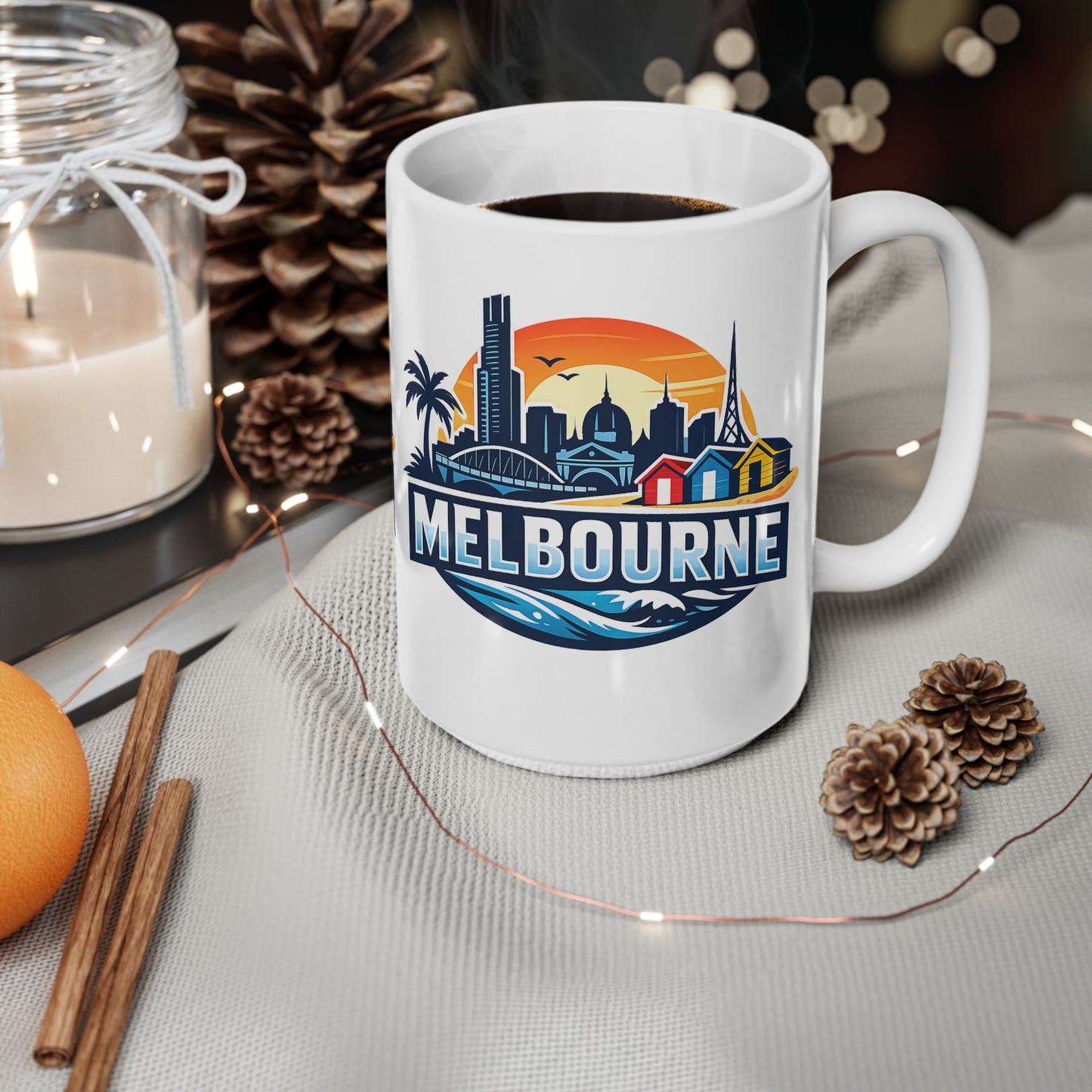 Melbourne Skyline Ceramic Coffee Mug — Retro Beach Cityscape 11oz/15oz