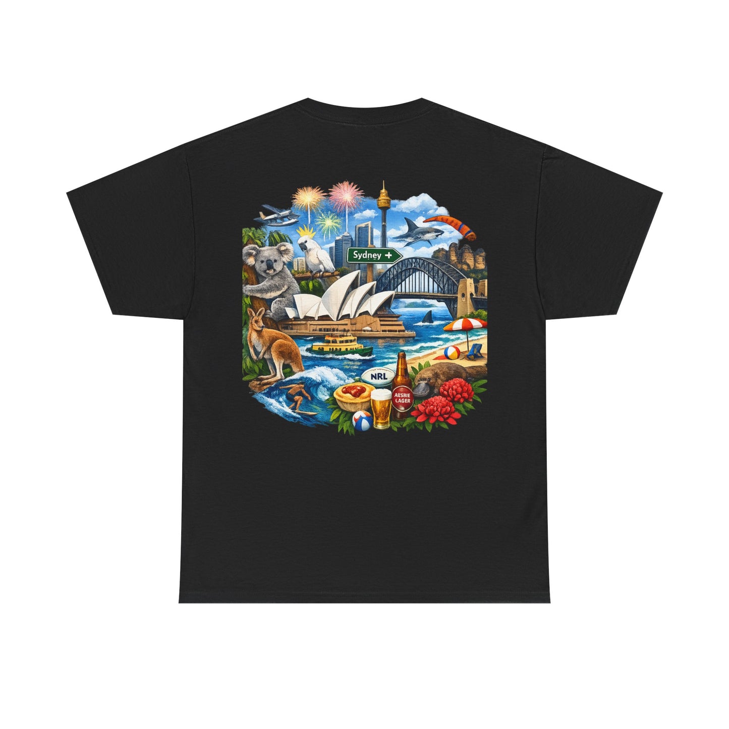 T-Shirt — Sydney Landmark Collage Tee (Opera House, Harbour Bridge, Koala & Beach Scene)