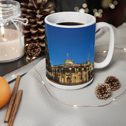 Magic Kingdom Town Square Christmas Mug — Festive Tree & Main Street Ceramic Coffee Cup (11oz, 15oz)
