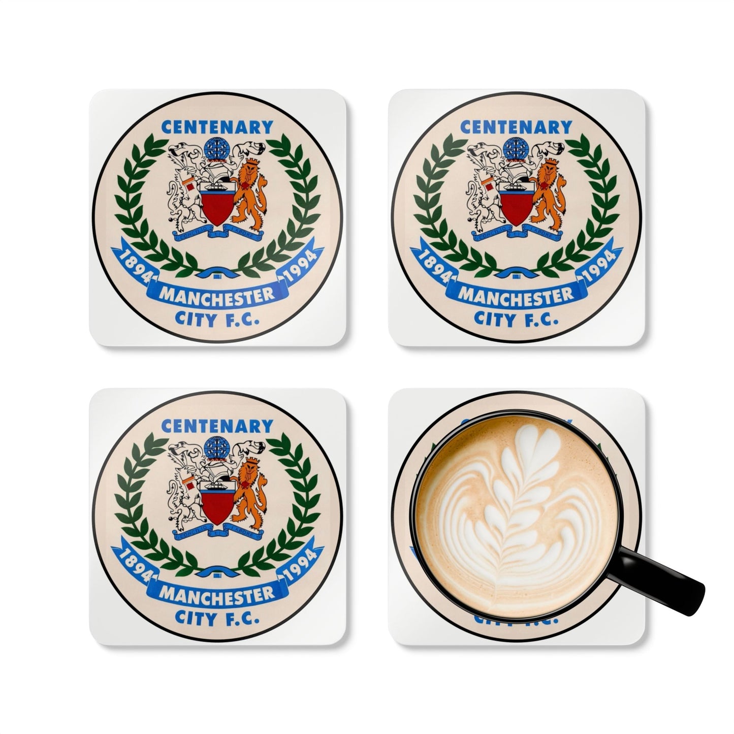 Manchester City FC Centenary Cork Coaster Set — 1894–1994 Football Crest Coasters