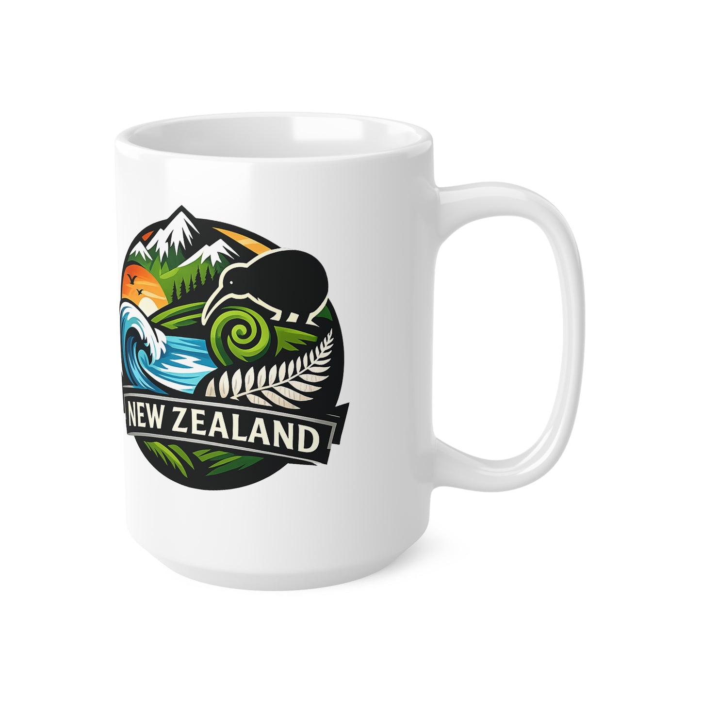 New Zealand Scenic Badge Ceramic Mug — Kiwi, Fern & Ocean Coffee Cup (11oz/15oz)