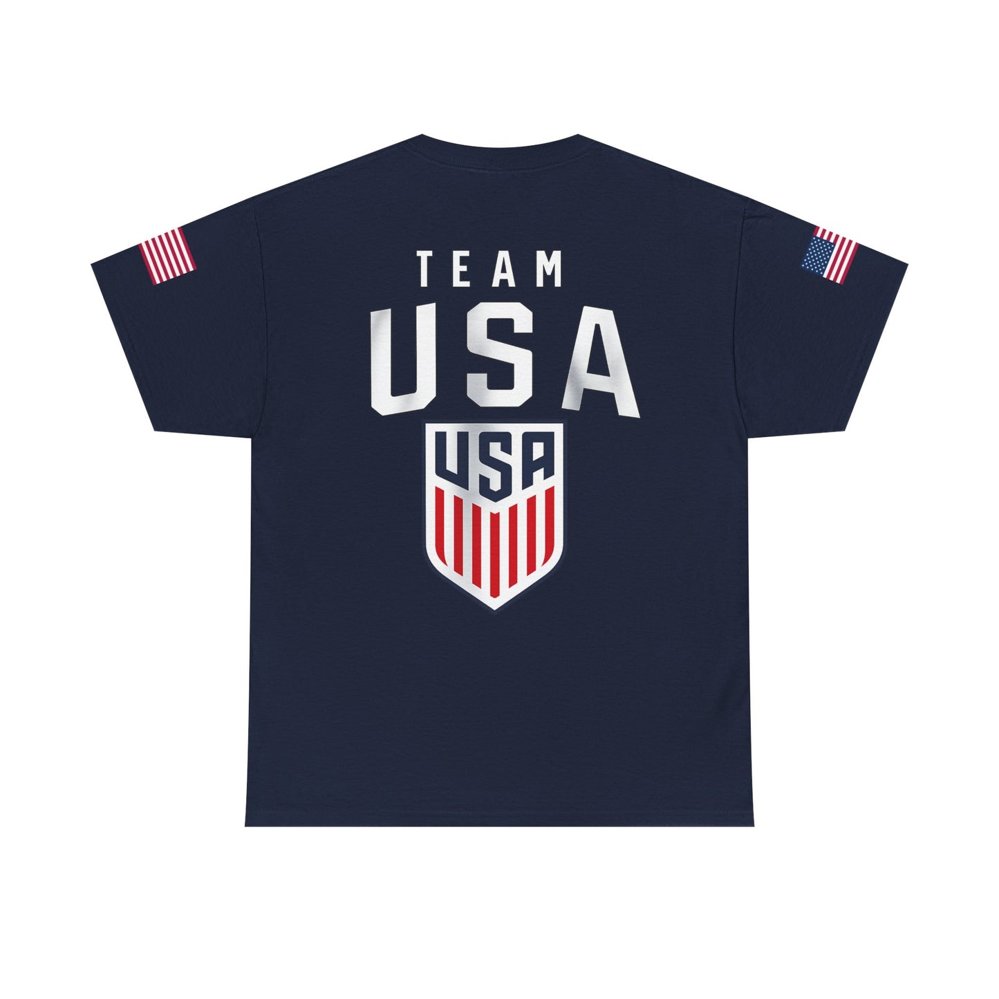 Team USA Flag T‑Shirt — Patriotic Navy Tee with Back Shield Logo
