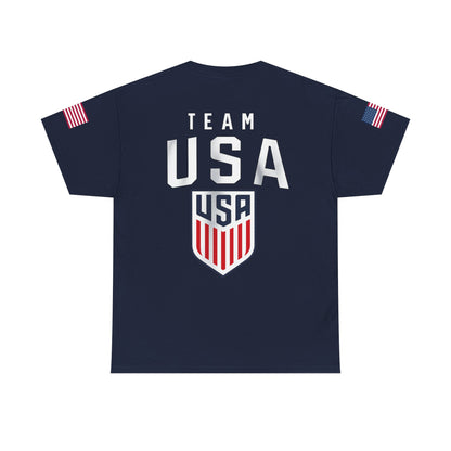 Team USA Flag T‑Shirt — Patriotic Navy Tee with Back Shield Logo