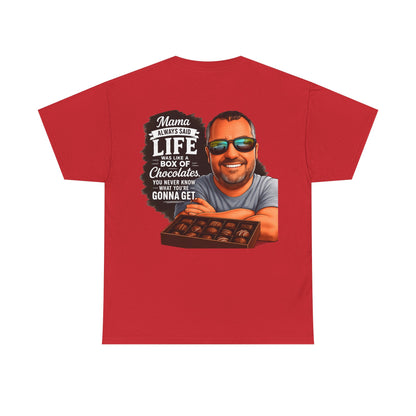 T-Shirt — "Mama Always Said Life Is Like A Box Of Chocolates" Graphic Tee (Funny Retro Portrait)