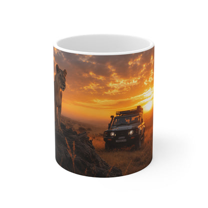 Safari Sunset Lioness Ceramic Mug — Wildlife Photography Coffee Cup (11oz, 15oz)