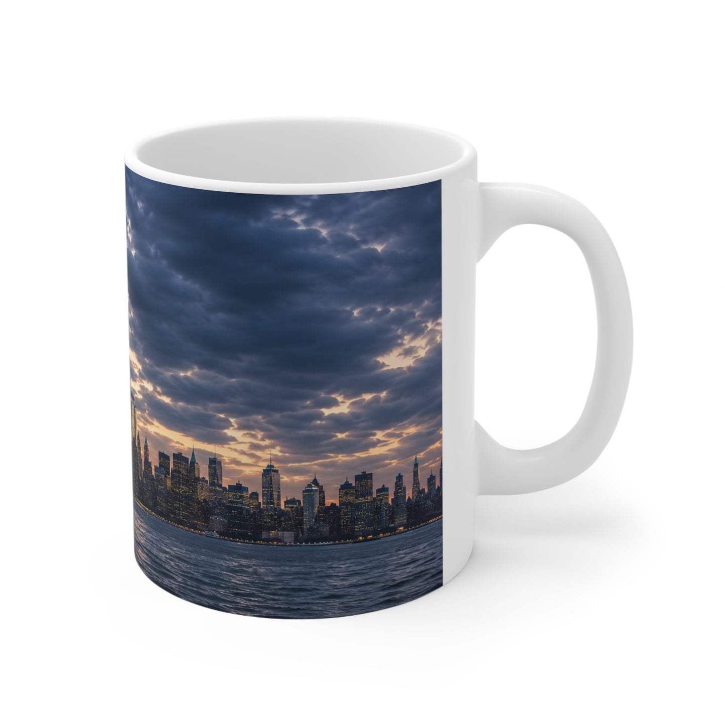 Statue of Liberty Sunset Mug — NYC Skyline Coffee Cup with American Flag (11oz & 15oz)