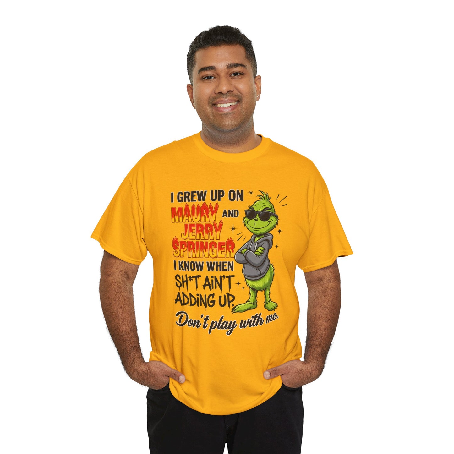 Grinch Cartoon Tee — "I Grew Up on Maury and Jerry Springer" Funny Holiday Shirt