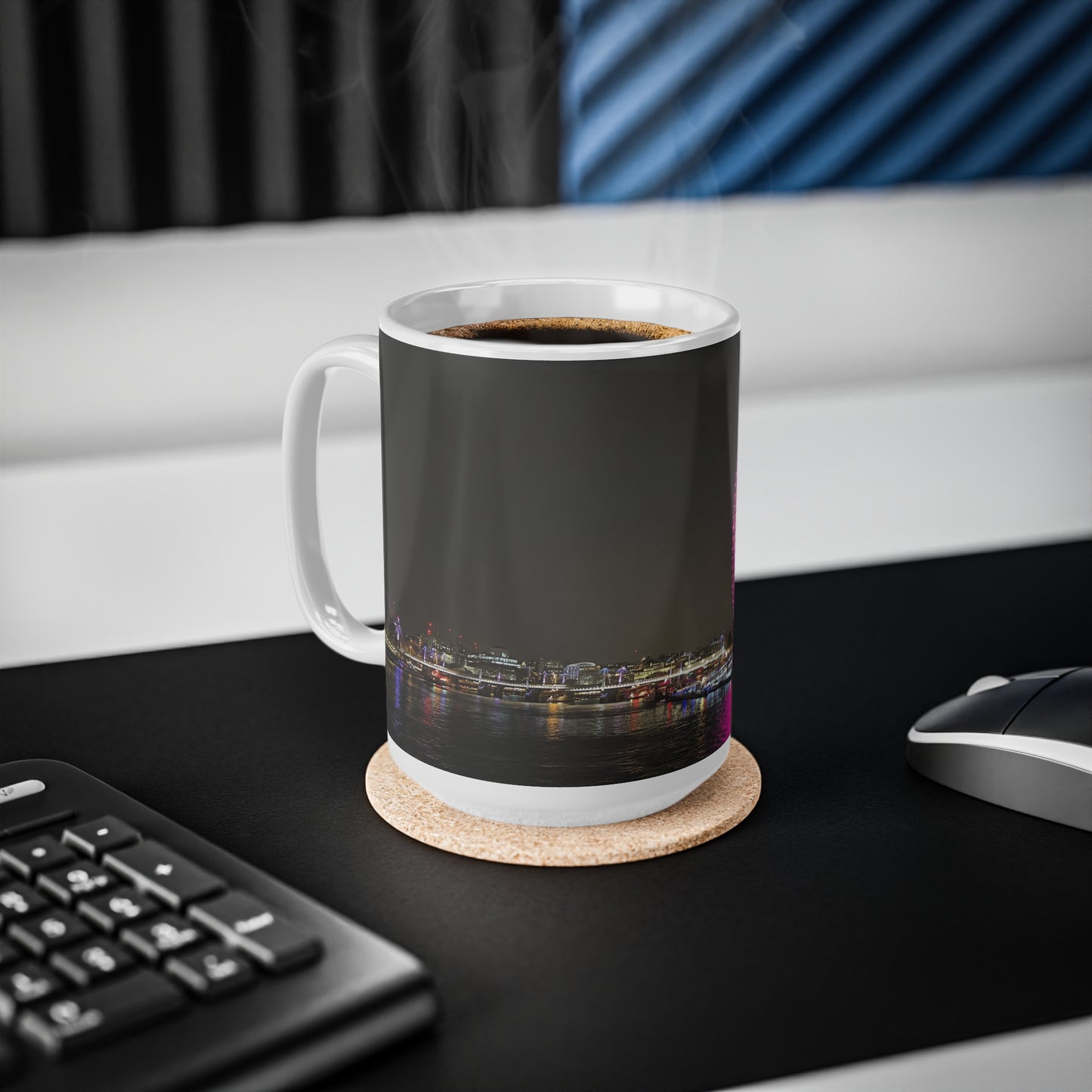London Eye Nightscape Ceramic Mug — Pink London Eye & River Thames Coffee Cup (11oz & 15oz)
