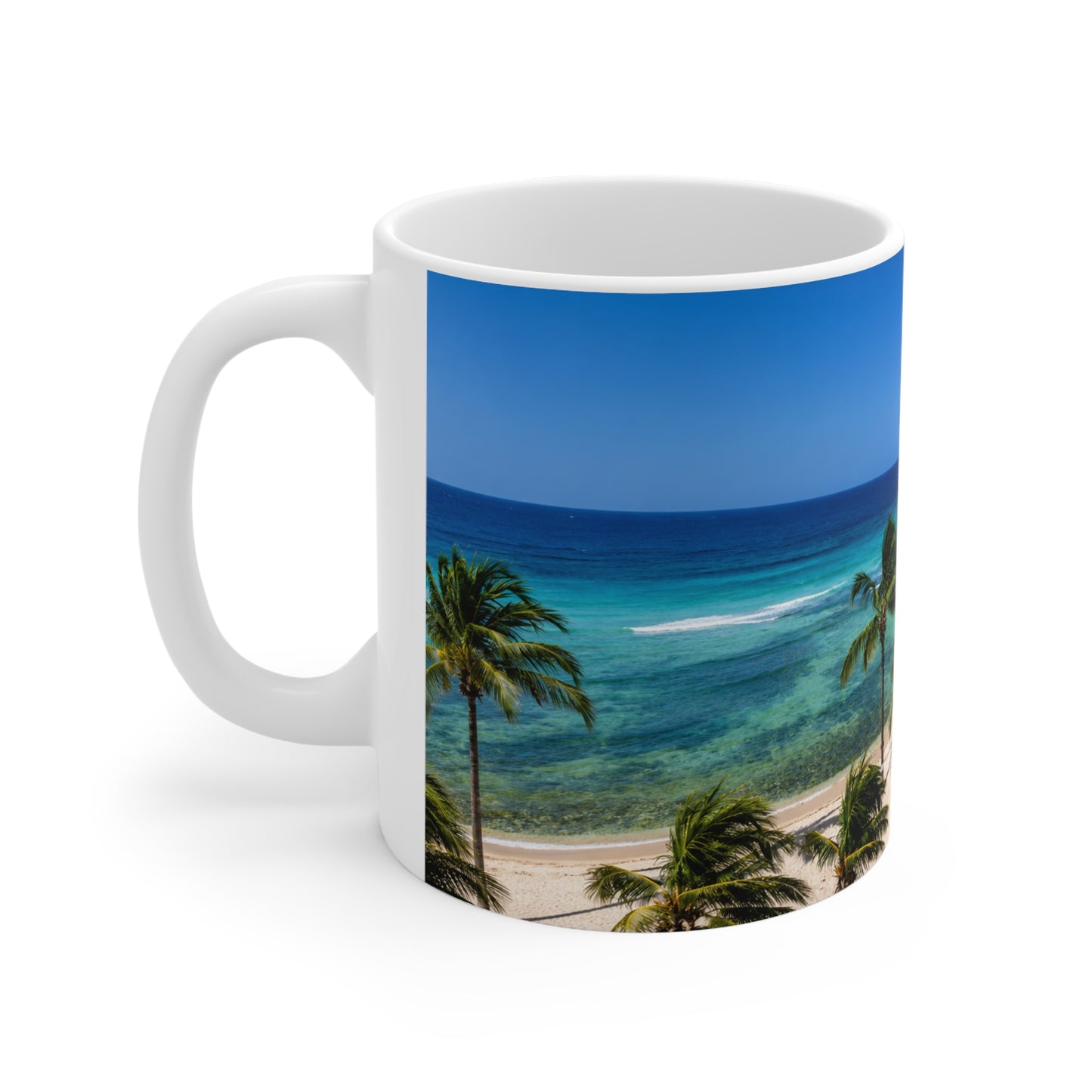 Barbados Beach Palm Trees Coffee Mug — Tropical Ocean Panorama Ceramic Mug (11oz & 15oz)